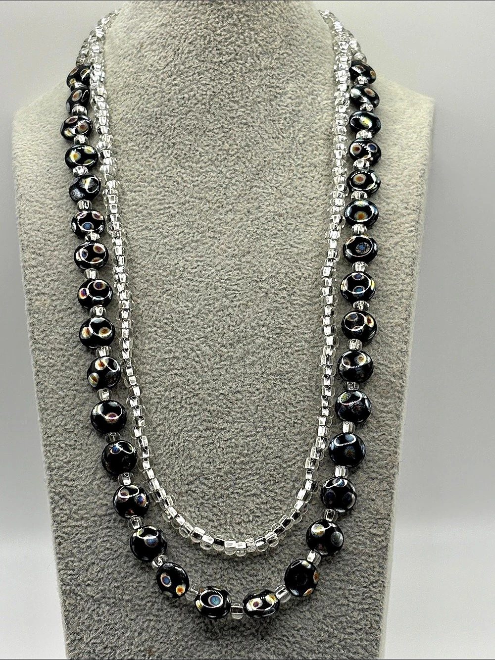 Fire Mountain Beaded Art Glass Black & Silver Beaded 2 Layer Necklace